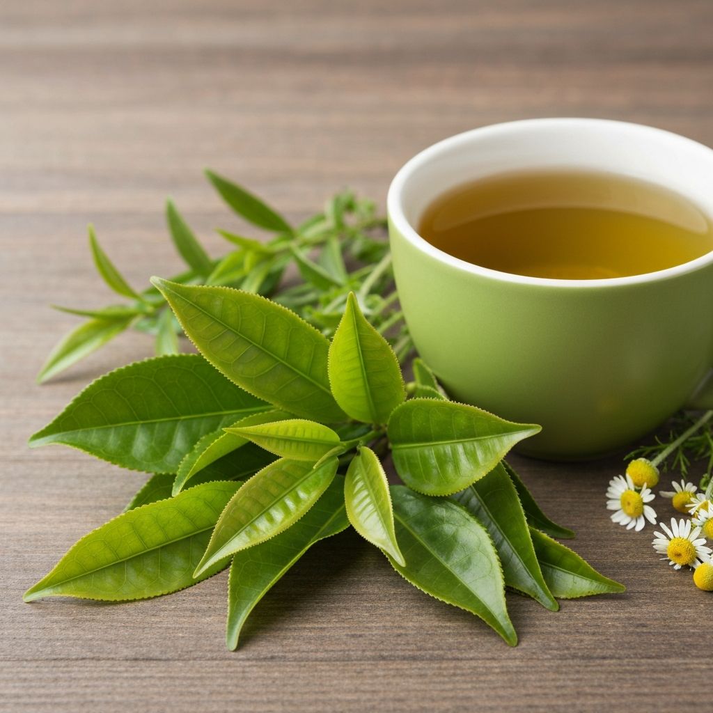 Green tea leaves and prepared tea