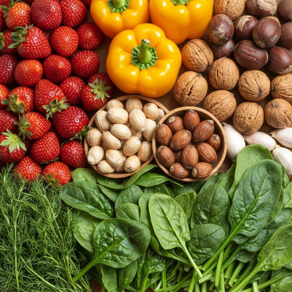 Colorful array of fresh vegetables, fruits, and natural ingredients